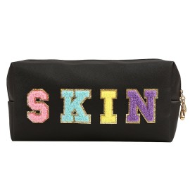 HMZSP Preppy Patch Makeup Bag Chenille Letter Cosmetic Pouch, Waterproof Zipper Skincare Toiletry Travel Organizer For Women Girls, Cute Aesthetic Trendy Clutch Stuff Gifts (Black-Skin)