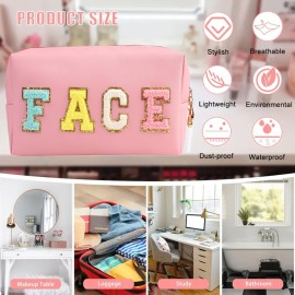 HMZSP Preppy Patch Makeup Bag Chenille Letter Cosmetic Pouch, Waterproof Zipper Skincare Toiletry Travel Organizer For Women Girls, Cute Aesthetic Trendy Clutch Stuff Gifts (Black-Skin)