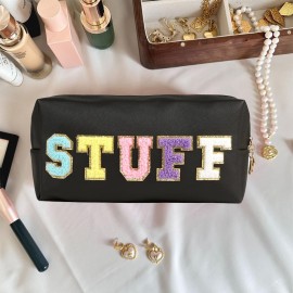 HMZSP Preppy Patch Makeup Bag Chenille Letter Cosmetic Pouch, Waterproof Zipper Skincare Toiletry Travel Organizer For Women Girls, Cute Aesthetic Trendy Clutch Stuff Gifts (Black-Skin)