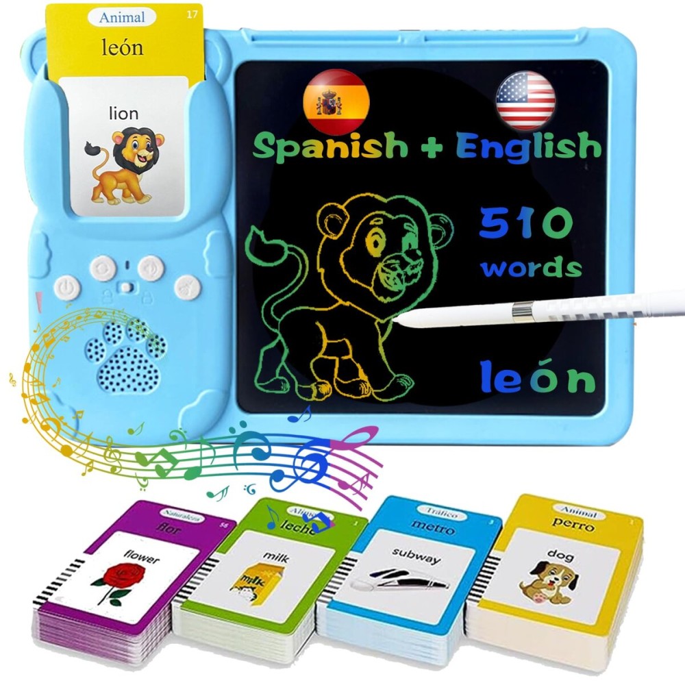 KILOGOGRAPH Talking English & Spanish Flash Cards - 8 LCD Writing Tablet for Kids 3 4 5 6 7 8 9, Bilingual 510 Sight Words, Toddler Pocket Speech, Drawing Sketch Pad, Autism Toys for Girls (Blue)