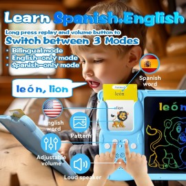 KILOGOGRAPH Talking English & Spanish Flash Cards - 8 LCD Writing Tablet for Kids 3 4 5 6 7 8 9, Bilingual 510 Sight Words, Toddler Pocket Speech, Drawing Sketch Pad, Autism Toys for Girls (Blue)