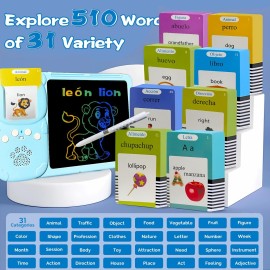 KILOGOGRAPH Talking English & Spanish Flash Cards - 8 LCD Writing Tablet for Kids 3 4 5 6 7 8 9, Bilingual 510 Sight Words, Toddler Pocket Speech, Drawing Sketch Pad, Autism Toys for Girls (Blue)