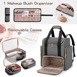 LUXJA Makeup Backpack with 3 Removable Cases and 1 Makeup Brush Bag, Large Makeup Bag Cosmetic Bag with Multiple Storage Sections (Patented), Gray