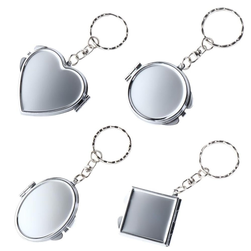Double Sides Cosmetic Mirror Keychain 4PCS Mini Folding Mirror Key Chains Pocket Portable Square Elliptical Heart-Shaped Makeup Mirror with Key Ring