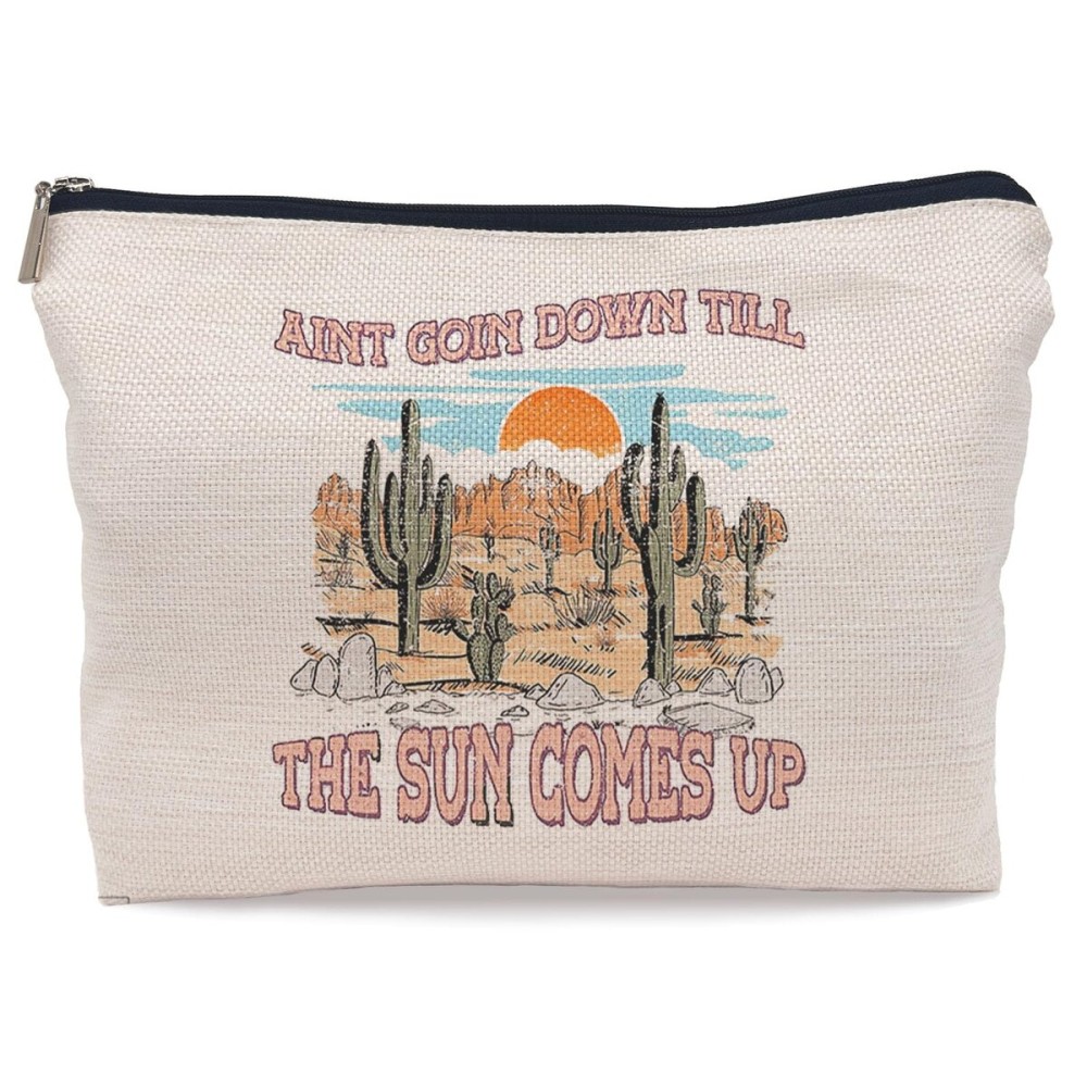 Lacosu Retro Western Country Cactus Sunset Landscape Road to Nowhere Makeup Bag,Trendy Retro Wild West Cosmetic Makeup Bag for Teen Girls Women,Cowgirl Gifts for Girls Women