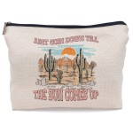 Lacosu Retro Western Country Cactus Sunset Landscape Road to Nowhere Makeup Bag,Trendy Retro Wild West Cosmetic Makeup Bag for Teen Girls Women,Cowgirl Gifts for Girls Women