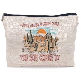 Lacosu Retro Western Country Cactus Sunset Landscape Road to Nowhere Makeup Bag,Trendy Retro Wild West Cosmetic Makeup Bag for Teen Girls Women,Cowgirl Gifts for Girls Women