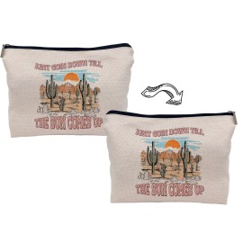 Lacosu Retro Western Country Cactus Sunset Landscape Road to Nowhere Makeup Bag,Trendy Retro Wild West Cosmetic Makeup Bag for Teen Girls Women,Cowgirl Gifts for Girls Women