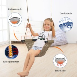 ROPECUBE Hand-Knitting Toddler Swing, Swing Seat for Kids with Adjustable Ropes, Little tikes Swings Set, for Outdoor Indoor, Playground, Backyard (Light Brown)