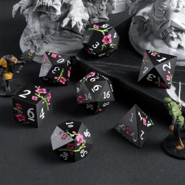 Metal Dice Set D&D, DNDND 7 PCS Flower Metallic DND Dice Set with Grogeous Gift Case for Dungeons and Dragon Tabletop Game (Matte Black with Pink Flower)