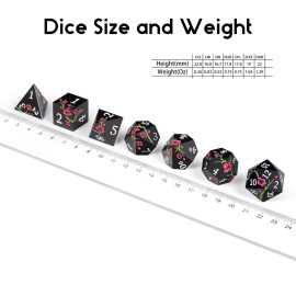 Metal Dice Set D&D, DNDND 7 PCS Flower Metallic DND Dice Set with Grogeous Gift Case for Dungeons and Dragon Tabletop Game (Matte Black with Pink Flower)