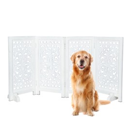 Antique White 4-Panel Wooden Dog Gate with Feeding Station - 28x14 Freestanding Indoor Pet Barrier for Doorways, Stylish Folding Design for Small Dogs & Puppies