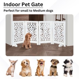 Antique White 4-Panel Wooden Dog Gate with Feeding Station - 28x14 Freestanding Indoor Pet Barrier for Doorways, Stylish Folding Design for Small Dogs & Puppies