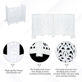 Antique White 4-Panel Wooden Dog Gate with Feeding Station - 28x14 Freestanding Indoor Pet Barrier for Doorways, Stylish Folding Design for Small Dogs & Puppies