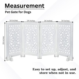 Antique White 4-Panel Wooden Dog Gate with Feeding Station - 28x14 Freestanding Indoor Pet Barrier for Doorways, Stylish Folding Design for Small Dogs & Puppies