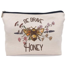 Lacosu Be Brave Honey Makeup Bag,Rustic Floral Bumblebee Cosmetic Makeup Bag for Women Girls,Bee Lovers Gifts Makeup Bag
