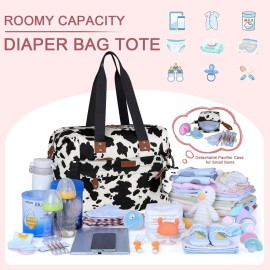 Pritent Diaper Tote - Baby Bag with Pacifier Case, Shoulder Straps, Stroller Clips, Waterproof Large Mommy Maternity Travel Bag for Mom and Dad, Cow Print