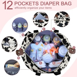 Pritent Diaper Tote - Baby Bag with Pacifier Case, Shoulder Straps, Stroller Clips, Waterproof Large Mommy Maternity Travel Bag for Mom and Dad, Cow Print