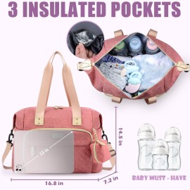 Tuwubi Diaper Bag Tote,Baby Diaper Bag with Pacifier Case Large Travel Diaper Tote Caddy for Mom and Dad Multifunction Large Baby Bag - Pink