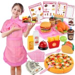 Restaurant Playsets for Kids - Waitress Role Play Costume Set for Girls, 60 Pieces Food Playset with Girls Apron, Diner Playset for Kids, Play Restaurant, Pretend Restaurant Playset for Kids Age 3+