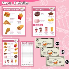 Restaurant Playsets for Kids - Waitress Role Play Costume Set for Girls, 60 Pieces Food Playset with Girls Apron, Diner Playset for Kids, Play Restaurant, Pretend Restaurant Playset for Kids Age 3+
