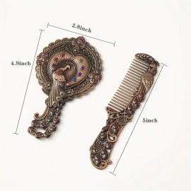 Opexicos 2Pcs/1Set Peacock Embossed Vanity Mirror Comb Set Travel Portable Metal Cosmetic Mirror with Embedded Beads for Women Opexicos 2Pcs/1Set Peacock Embossed Vanity Mirror Comb Set Travel Portable Metal Cosmetic Mirror with Embedded Beads for Women