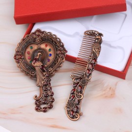 Opexicos 2Pcs/1Set Peacock Embossed Vanity Mirror Comb Set Travel Portable Metal Cosmetic Mirror with Embedded Beads for Women Opexicos 2Pcs/1Set Peacock Embossed Vanity Mirror Comb Set Travel Portable Metal Cosmetic Mirror with Embedded Beads for Women
