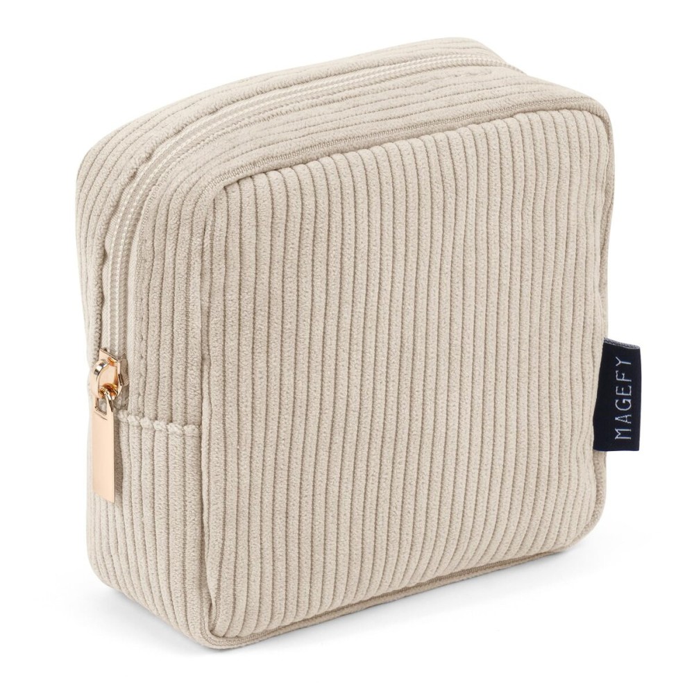 MAGEFY Small Makeup Bag for Purse Mini Cosmetics Bag Corduroy Cute Cosmetic Pouch for Women with Slip-in Pockets (Beige)