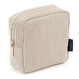 MAGEFY Small Makeup Bag for Purse Mini Cosmetics Bag Corduroy Cute Cosmetic Pouch for Women with Slip-in Pockets (Beige)