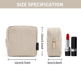MAGEFY Small Makeup Bag for Purse Mini Cosmetics Bag Corduroy Cute Cosmetic Pouch for Women with Slip-in Pockets (Beige)