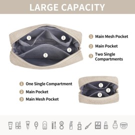 MAGEFY Small Makeup Bag for Purse Mini Cosmetics Bag Corduroy Cute Cosmetic Pouch for Women with Slip-in Pockets (Beige)