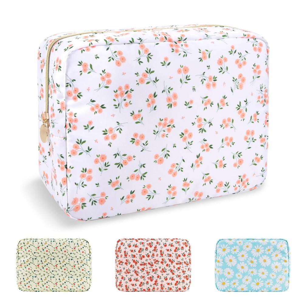 UIXIZQ Waterproof Large Floral Makeup Pouch,Nylon Travel Toiletry Storage Purse Preppy Cosmetic Bag for Women Girl,Large Capacity Makeup Organizer Zipper Pouch for Work(L White-Flowers)