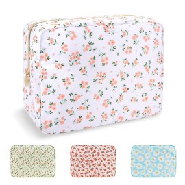 UIXIZQ Waterproof Large Floral Makeup Pouch,Nylon Travel Toiletry Storage Purse Preppy Cosmetic Bag for Women Girl,Large Capacity Makeup Organizer Zipper Pouch for Work(L White-Flowers)