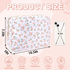 UIXIZQ Waterproof Large Floral Makeup Pouch,Nylon Travel Toiletry Storage Purse Preppy Cosmetic Bag for Women Girl,Large Capacity Makeup Organizer Zipper Pouch for Work(L White-Flowers)