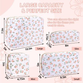 UIXIZQ Waterproof Large Floral Makeup Pouch,Nylon Travel Toiletry Storage Purse Preppy Cosmetic Bag for Women Girl,Large Capacity Makeup Organizer Zipper Pouch for Work(L White-Flowers)