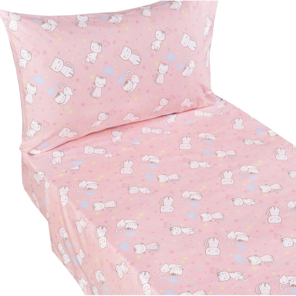 J-pinno Cats Kitty 100% Cotton 3 Pieces Cartoon Toddler Sheet Set for Kids Boys Girls, Flat Sheet Fitted Sheet and Pillowcase, Cozy Breathable Unisex Nursery School Crib Bedding Set (Kitty Cat)