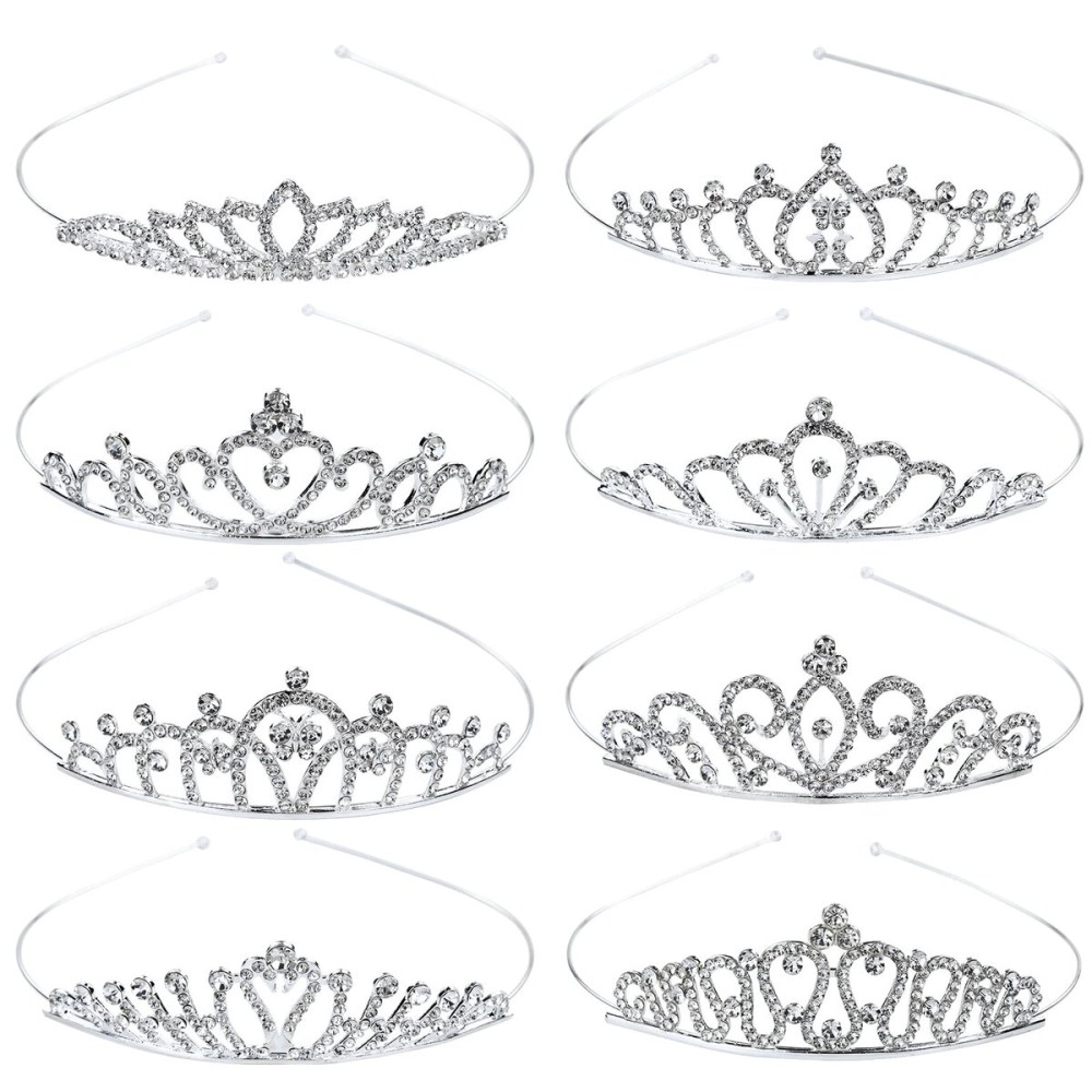 Cinaci 8 Pieces Silver Metal Bridal Wedding Party Prom Rhinestone Headbands Flower Girl Hair Bands Tiaras Crowns Accessories for Brides Bridesmaids Women Girls Teens Kids