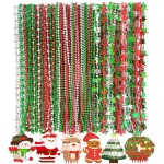 Becfupo 200 Pcs Christmas Beads Necklaces Bulk, Red Green Silver Beaded Necklaces With Xmas Tree Snowman Reindeer Santas Pendants For Chirstmas Party Favors