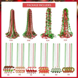Becfupo 200 Pcs Christmas Beads Necklaces Bulk, Red Green Silver Beaded Necklaces With Xmas Tree Snowman Reindeer Santas Pendants For Chirstmas Party Favors