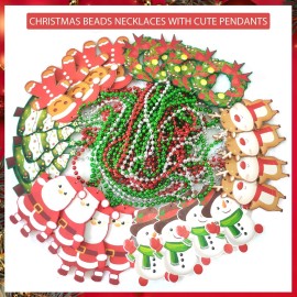 Becfupo 200 Pcs Christmas Beads Necklaces Bulk, Red Green Silver Beaded Necklaces With Xmas Tree Snowman Reindeer Santas Pendants For Chirstmas Party Favors