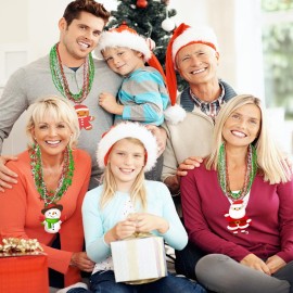 Becfupo 200 Pcs Christmas Beads Necklaces Bulk, Red Green Silver Beaded Necklaces With Xmas Tree Snowman Reindeer Santas Pendants For Chirstmas Party Favors