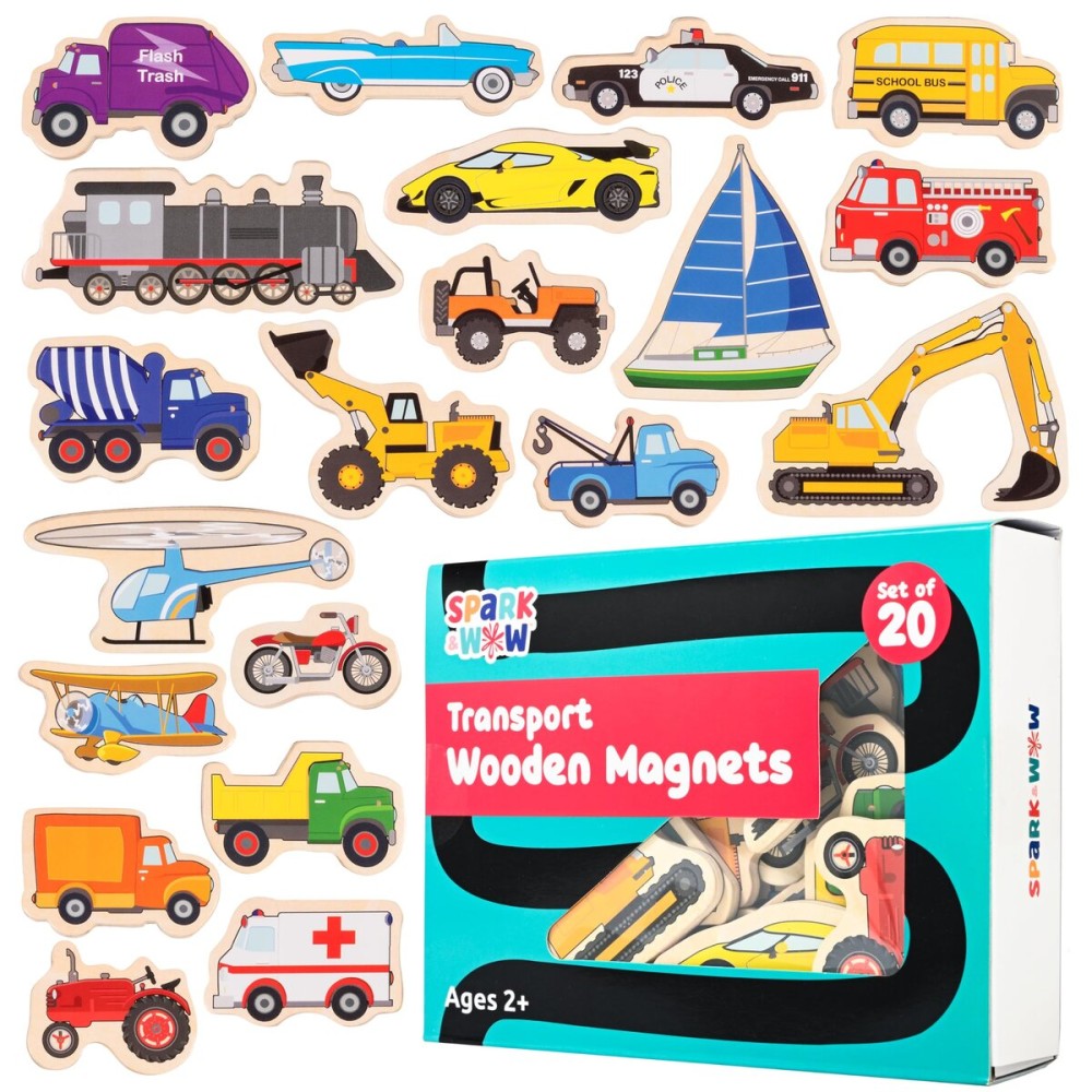 SPARK & WOW Wooden Magnets | Transport | Magnets for Kids Ages 2+ | Open-Ended Play | Adhere to Fridges, Whiteboards and More