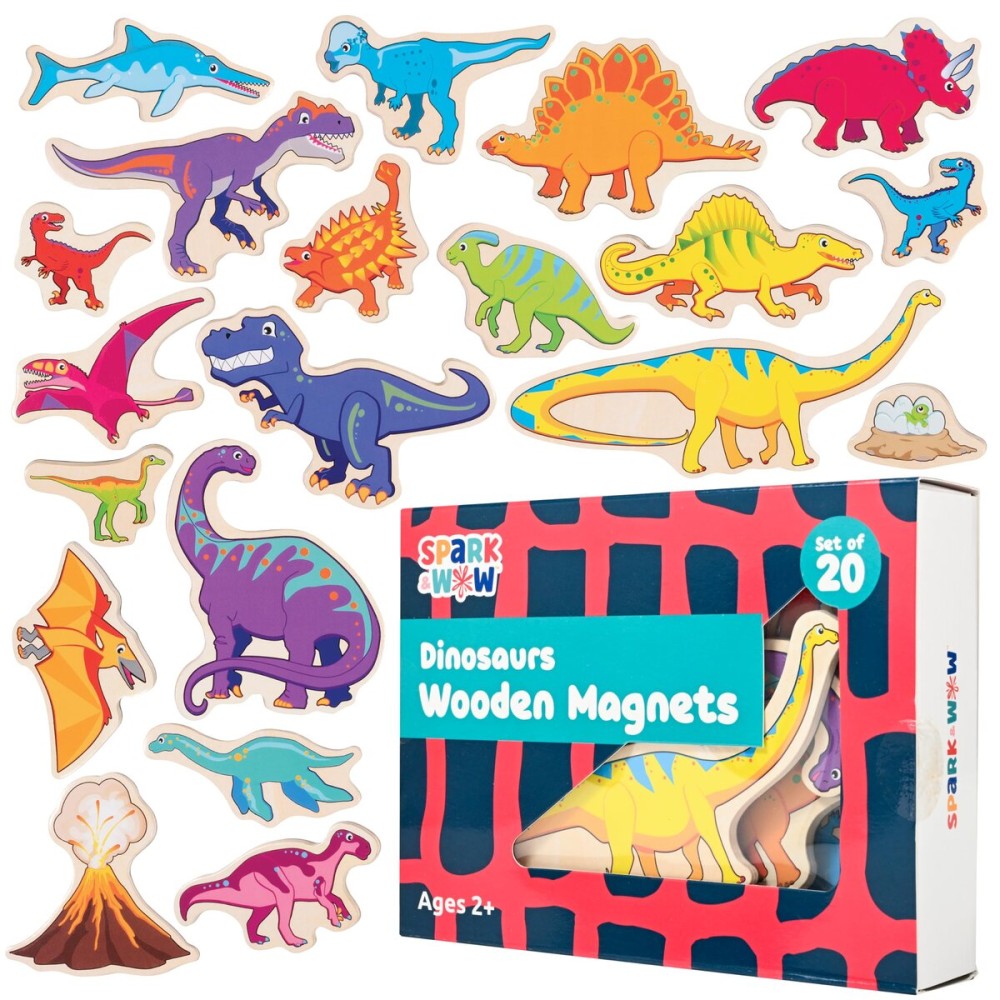 SPARK & WOW Wooden Magnets | Dinosaurs | Magnets for Kids Ages 2+ | Open-Ended Play | Adhere to Fridges, Whiteboards and More