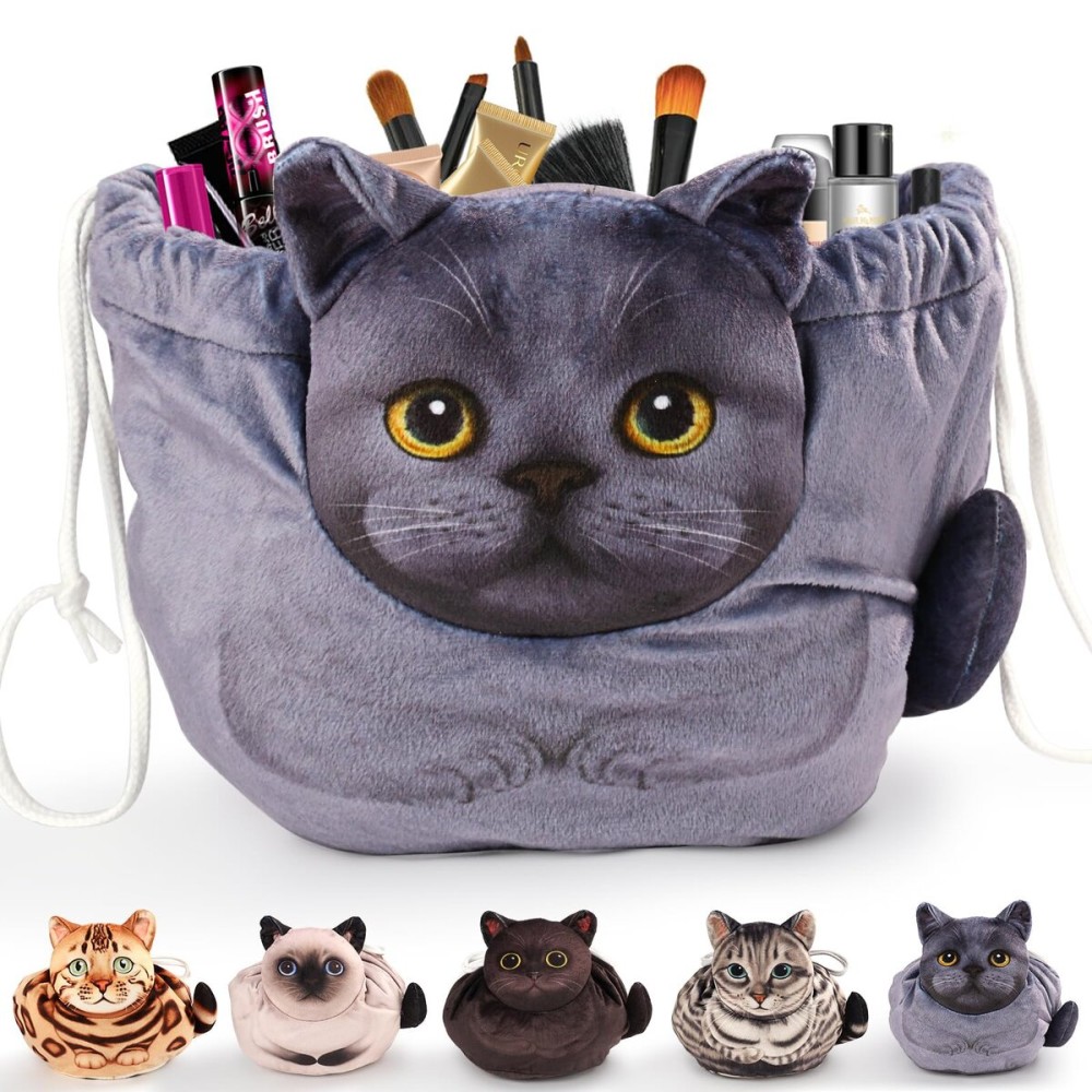 Openhaha Drawstring Makeup Organizer, Travel Cosmetic Pouch - Cat Gift for Women, Lay Flat Makeup Bag Gifts for Cat Lovers