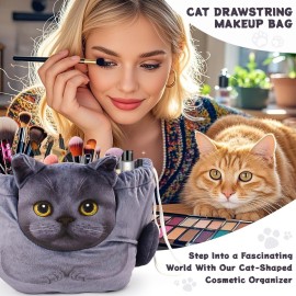 Openhaha Drawstring Makeup Organizer, Travel Cosmetic Pouch - Cat Gift for Women, Lay Flat Makeup Bag Gifts for Cat Lovers