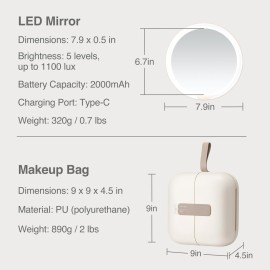 AMIRO M2 Travel Makeup Bag with 5 Level Brightness & 3 Color LED Mirror, Portable Makeup Artist Organizer, White