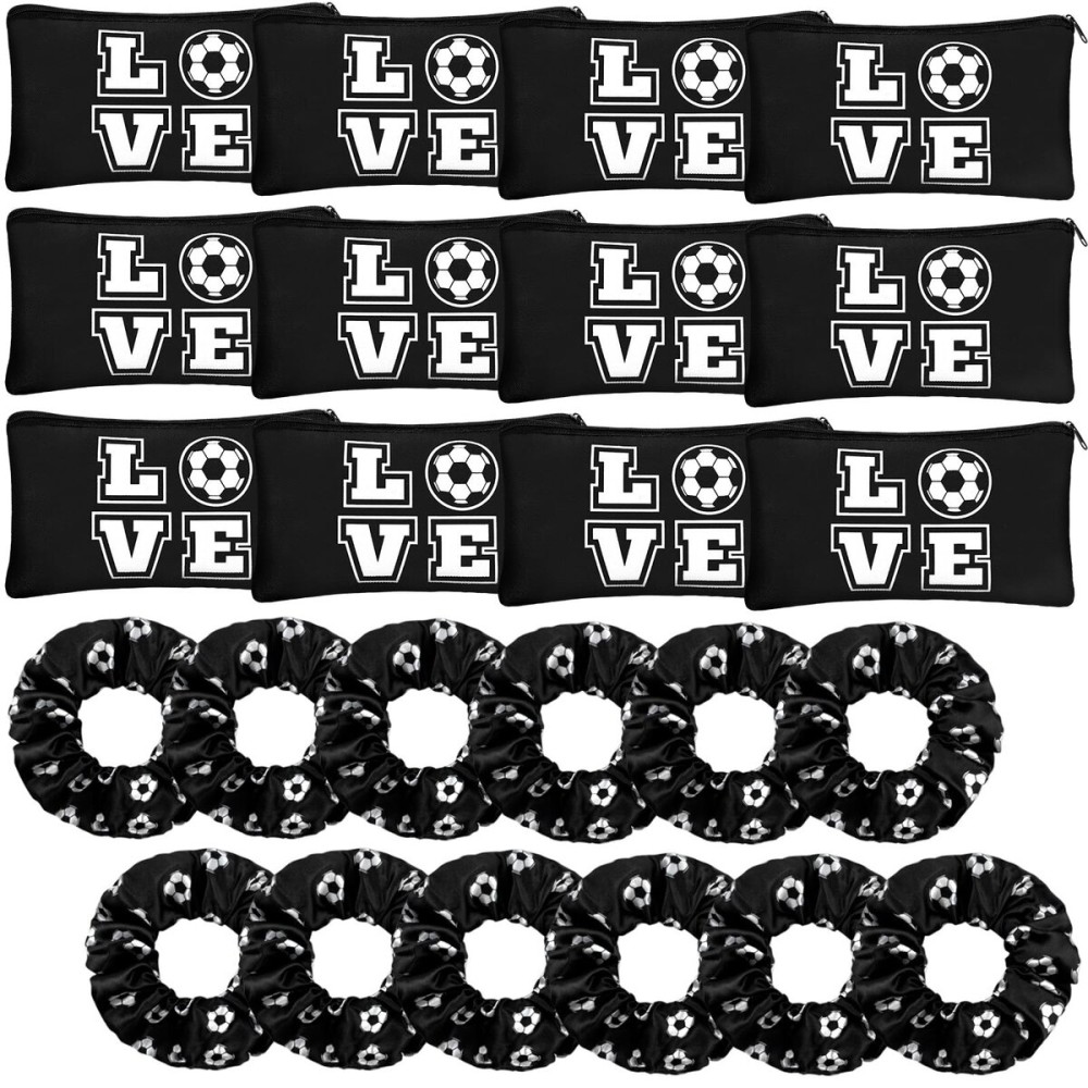 Sweetude 24 Pcs Soccer Gifts 12 Makeup Bag 12 Satin Scrunchies for Girls Portable Cosmetic Travel Bag Elastic Hair Ties Soccer Favors for Women Girls Team Players(Black)