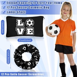 Sweetude 24 Pcs Soccer Gifts 12 Makeup Bag 12 Satin Scrunchies for Girls Portable Cosmetic Travel Bag Elastic Hair Ties Soccer Favors for Women Girls Team Players(Black)