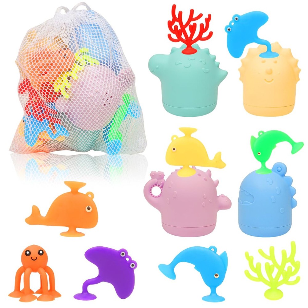 Baby Bath Toys, 13 Pcs Silicone Mold Free Bath Toys with a Storage Bag, Squeezable Dinosaurs Bathtub Toys, No Hole Sensory Ocean Animal Suction Cup Toys for Toddlers 1 2 3 4 5 6 Years