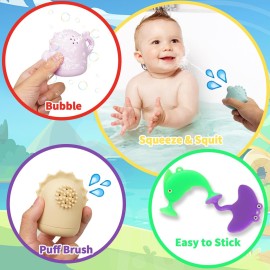 Baby Bath Toys, 13 Pcs Silicone Mold Free Bath Toys with a Storage Bag, Squeezable Dinosaurs Bathtub Toys, No Hole Sensory Ocean Animal Suction Cup Toys for Toddlers 1 2 3 4 5 6 Years